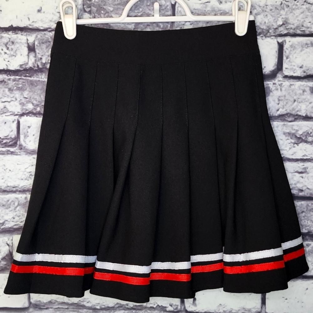 Black Pleated Skater Skirt with Red & White Stripes - XS